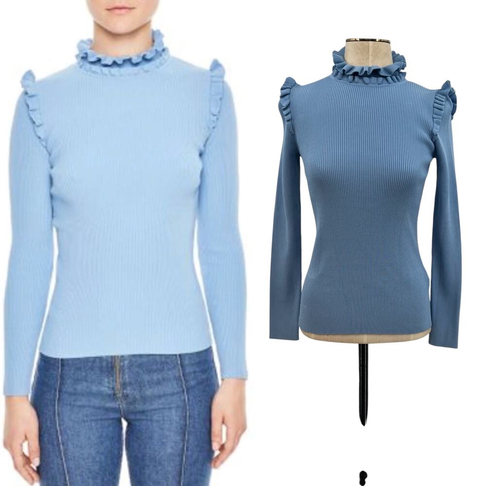 Sandro Spoon Ruffled Sweater Turtleneck Ruffle Cornflower Blue Size 2 US Medium